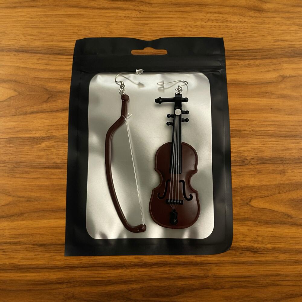 NEW Big Violin and Bow Earrings Dangle Style Fun Jewelry 4 Inches